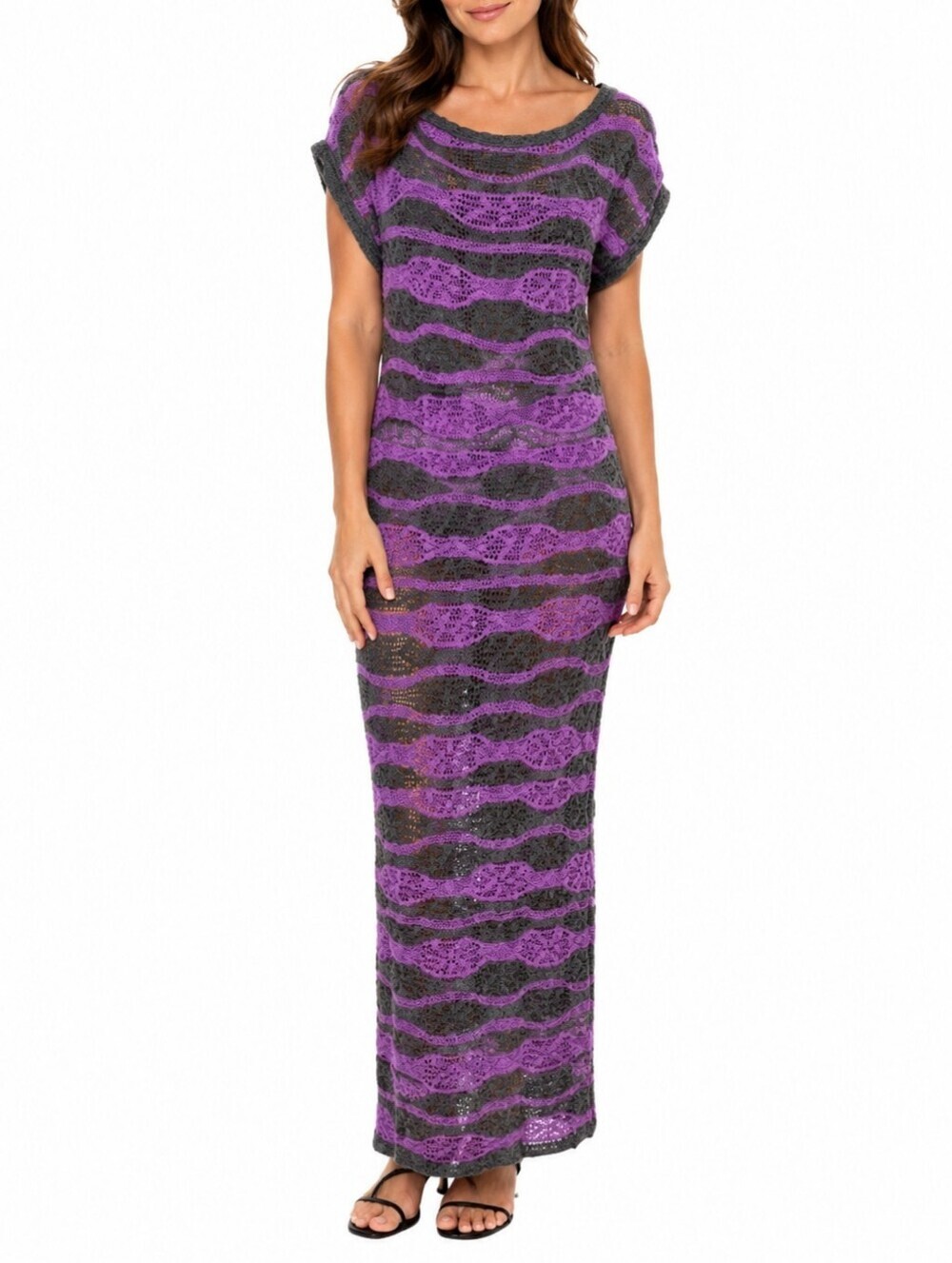 Vertigo Woven Striped Serpentine Knit Two Tone Purple /Brown Maxi Dress